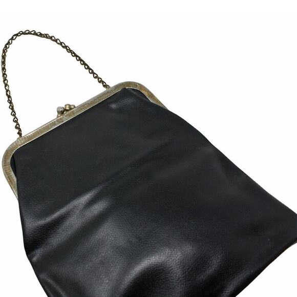 Vintage Black Vinyl Flat Purse w Chain or Folded Clutch Metal Frame 9x9 -Hey Viv - Picture 2 of 6